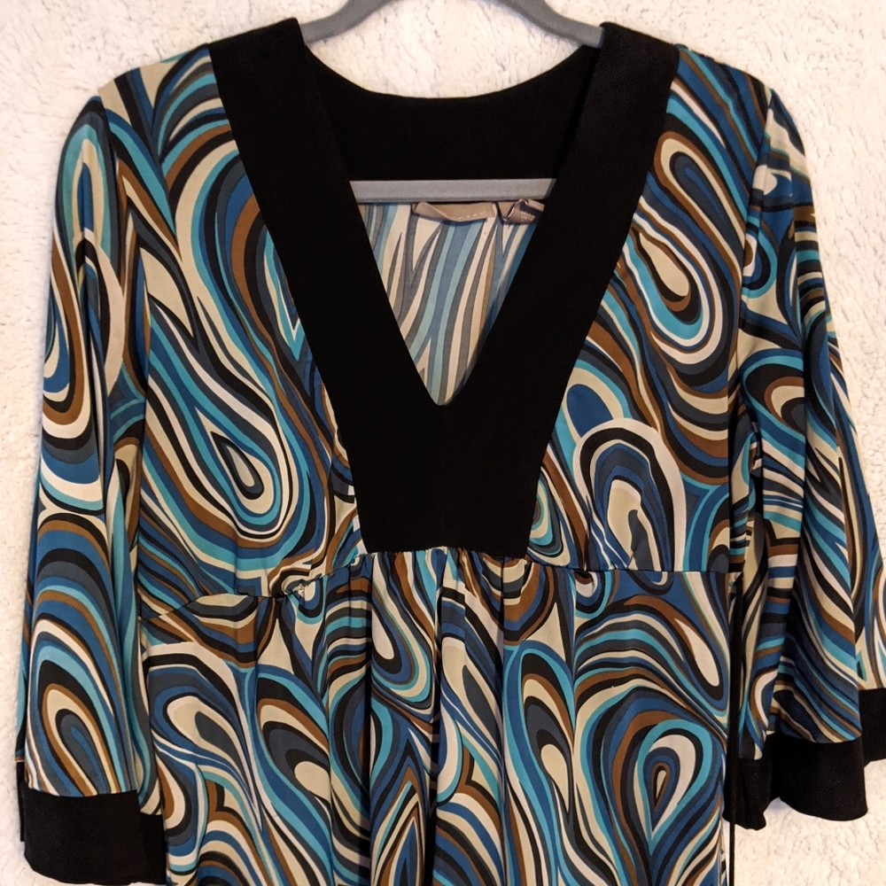 KIM ROGERS Teal Brown Cream Swirl Blouse XL